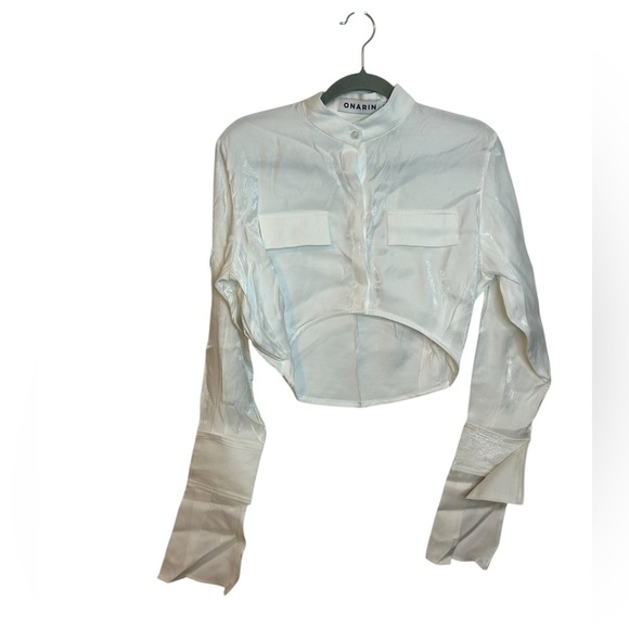 Nwt Onarin Mr. Mandarin White Metallic Cropped Button Down - Picture 3 of 8